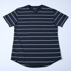 BYLT Drop Cut Lux Short Sleeve Slim Fit Striped Navy Shirt L wrinkle free